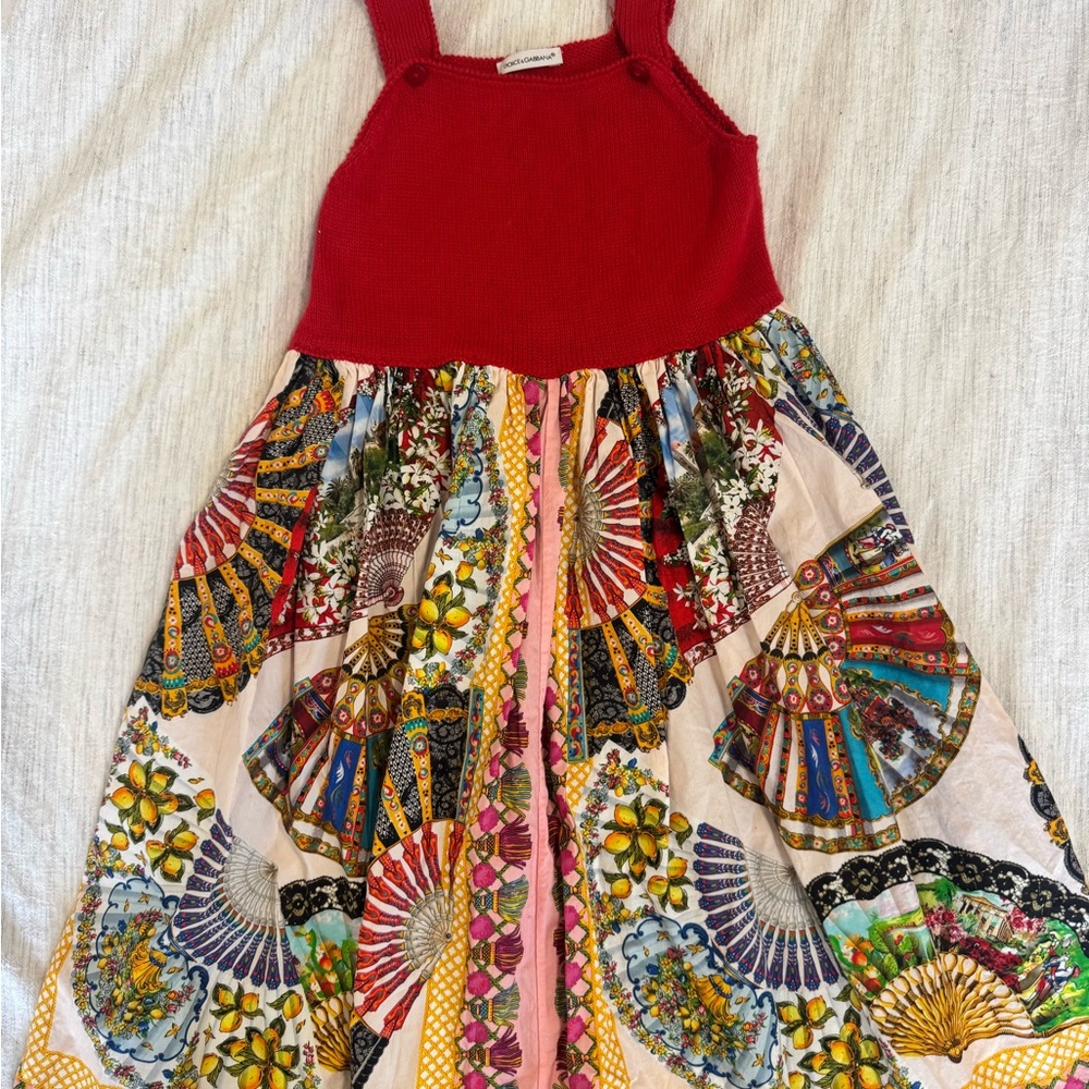 Dolce & Gabbana Red Top Multicolor Fan-Print Girls' Dress